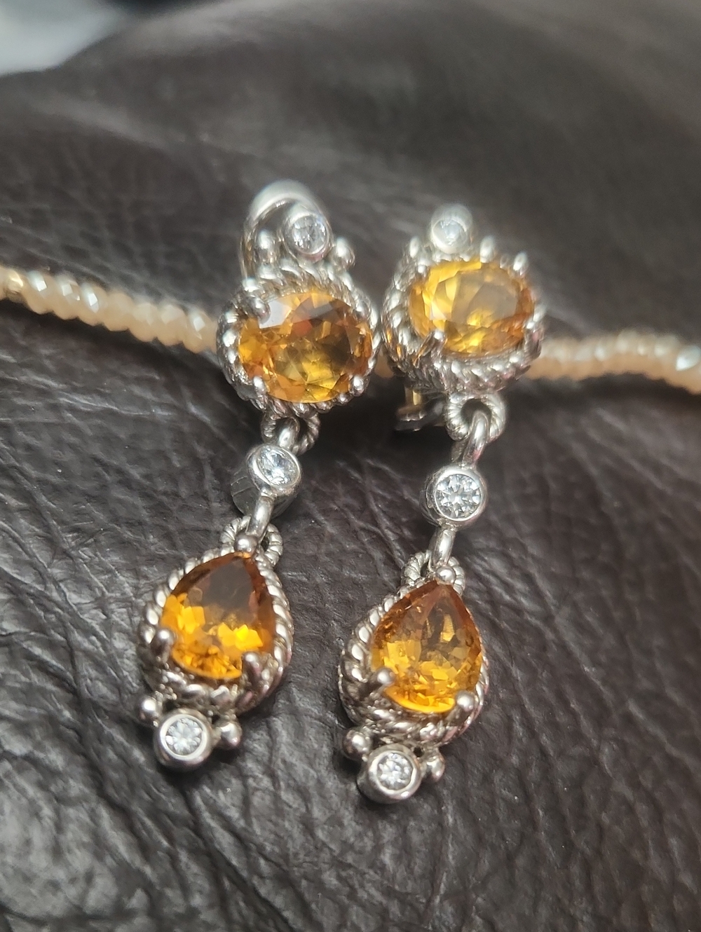 Judith Ripka Sterling Silver Genuine Citrine and Diamonique Dangle Drop Earrings